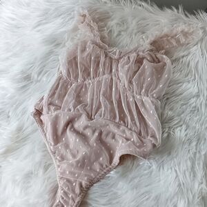 ↠ PrettyLittleThing Cream Blush Ruffled Sheer Mesh Lace Dot Print Bodysuit Top